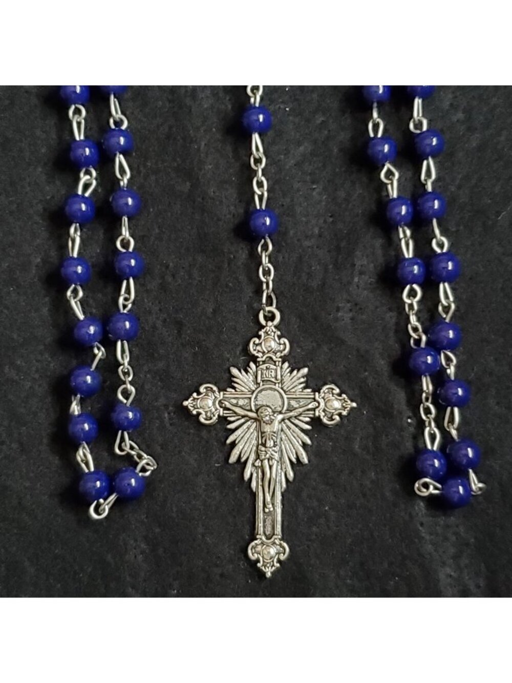 Fatima Rosary Necklace Silver Tone Blue Glass Italy 1917 2017 28"